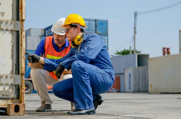 Technician and engineer work together for checking quality and product in cargo container